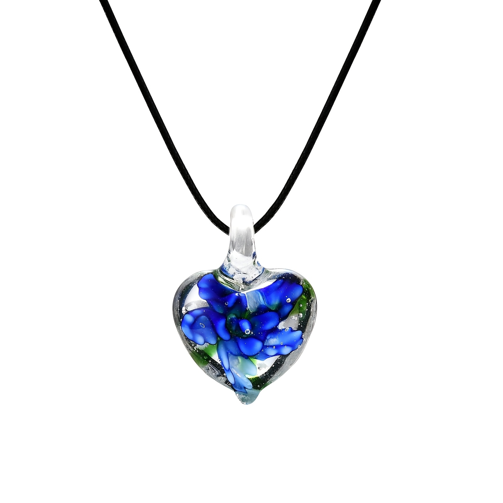 Handmade Glass Necklace with Glowing Heart Pendant, Floral Design